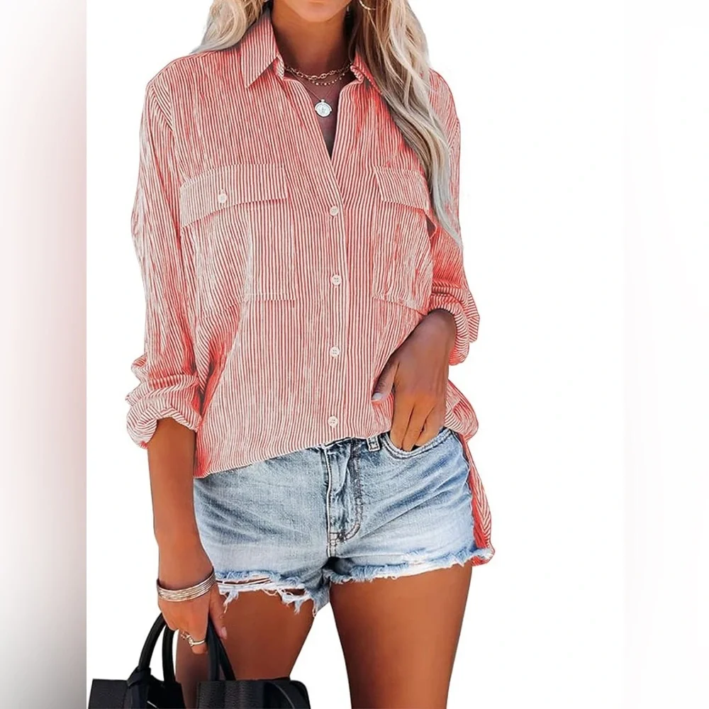 Sz L OMSJ OMSJ Women's Striped Button Down Shirts Casual Long Sleeve Stylish V - Picture 1 of 12